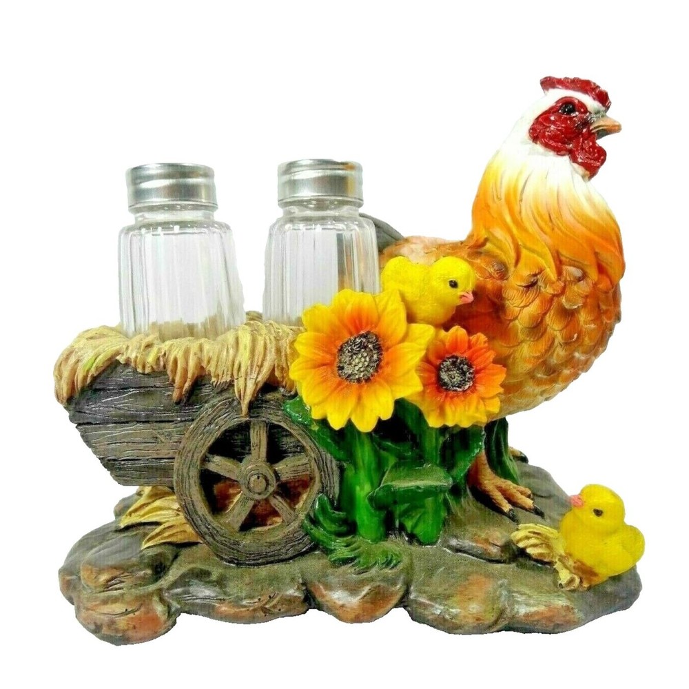 Chicken and Sunflowers Salt and Pepper Shaker Base Holder Glass Stoneware NEW